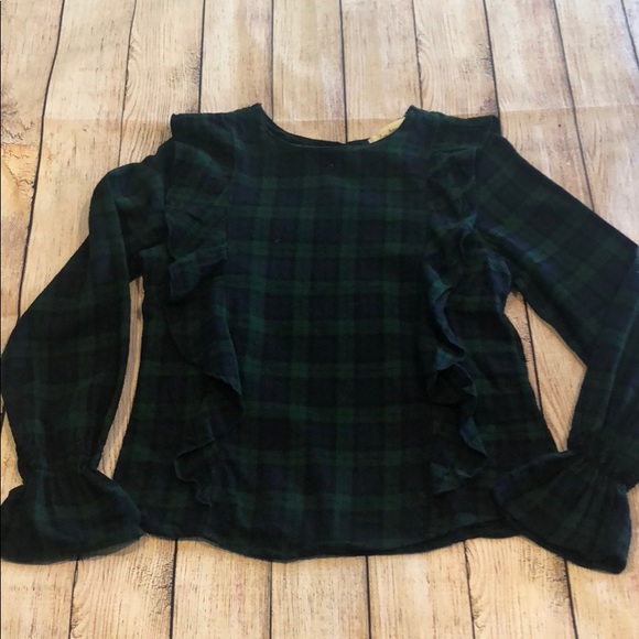 GREEN PLAID RUFFLE LONG SLEEVE TOP - Picture 1 of 4